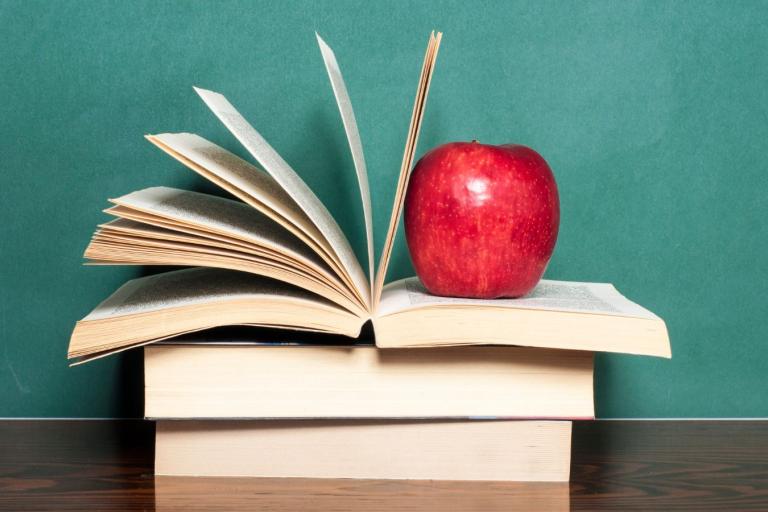 Stock of books with a red apple on the top